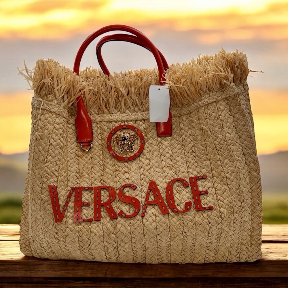 VERSACE Large La Medusa Straw & Leather Tote Bag